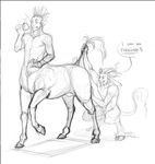  apple centaur clenched_teeth crouching dialog duo english_text equine exposed from_behind fruit fur gay hooves horn human humor male mammal no_sex nude raised_tail rape_face satyr shocked sketch standing surprise tail_grab tail_pull tail_tuft taur teeth text tuft unknown_artist 