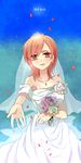  bare_shoulders bouquet bridal_veil bride brown_eyes dress fate/zero fate_(series) flower jewelry necklace orbe outstretched_hand petals red_hair short_hair sola-ui_nuada-re_sophia-ri solo veil wedding_dress 