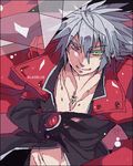  bad_id bad_pixiv_id blazblue coat colored_eyelashes gloves green_eyes grey_hair heterochromia lowres male_focus oekaki ragna_the_bloodedge red_eyes smile solo spiked_hair uzukinoko 