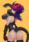  aqua_eyes ass bad_id bad_pixiv_id black_legwear breasts dragon_girl from_behind horns jewelry large_breasts looking_back monster_girl original outstretched_arm pink_hair razu_(rus) ring simple_background solo tail thighhighs underboob 
