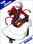  belt blazblue character_name coat copyright_name gloves green_eyes heterochromia left-handed male_focus nishizawa_io ragna_the_bloodedge red_eyes serious solo spiked_hair sword weapon white_background white_hair 