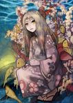  bad_id bad_pixiv_id blonde_hair danann fish highres horns japanese_clothes kimono original sandals solo squatting yellow_eyes 