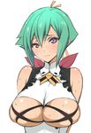  aquarion_(series) aquarion_evol areolae bare_shoulders blush bow breasts covered_nipples green_hair hair_ribbon highres large_breasts looking_at_viewer poin purple_eyes revealing_clothes ribbon short_hair solo sweat wavy_mouth zessica_wong 