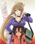  1girl black_hair blonde_hair blue_eyes book breast_rest breasts breasts_on_head choker cleavage glasses hood hoodie khamsin_nbh'w large_breasts long_hair marchosias margery_daw ponytail red_eyes scar shakugan_no_shana tachitsu_teto 