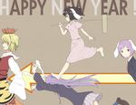  animal_ears barefoot black_hair blonde_hair bunny_ears directional_arrow hair_ornament happy_new_year holding inaba_tewi kawashina_(momen_silicon) long_hair multiple_girls new_year pink_eyes purple_hair reisen reisen_udongein_inaba running skirt sleeves_past_wrists standing_on_head toramaru_shou touhou 