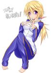  :3 aosi_(wasabiranzy) bad_id bad_pixiv_id barefoot blonde_hair charlotte_dunois full_body infinite_stratos purple_eyes track_suit translation_request transparent_background 