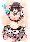  animal_ears animal_print arm_warmers bell bell_collar black_hair blush breasts brown_eyes cleavage collar cow_ears cow_horns cow_print elbow_gloves gloves headset horns idolmaster idolmaster_cinderella_girls large_breasts md5_mismatch midriff muruaka navel oikawa_shizuku open_mouth short_hair skirt solo 