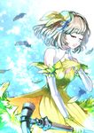  bad_id bad_pixiv_id brown_hair center_opening closed_eyes dress elbow_gloves feathers gloves hat ichiko_saba idolmaster idolmaster_cinderella_girls lime_green_feather microphone open_mouth short_hair solo takagaki_kaede 