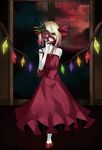  blonde_hair dress flandre_scarlet grin holding mask orgia red_eyes smile solo touhou window wings 