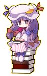  akase_rai book bow chibi crescent dress hair_bow hat long_hair outline patchouli_knowledge purple_eyes purple_hair simple_background sitting solo striped striped_dress touhou vertical_stripes white_background 
