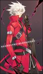  bad_id bad_pixiv_id belt blazblue character_name coat gloves green_eyes grey_background heterochromia hssno108 male_focus ragna_the_bloodedge red_eyes solo spiked_hair white_hair 