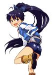  :d ahoge black_hair blue_eyes blush bow denim denim_shorts fang from_behind ganaha_hibiki hair_bow hands_in_pockets idolmaster idolmaster_(classic) jacket leg_up long_hair looking_back mohya open_mouth short_shorts shorts smile solo very_long_hair 