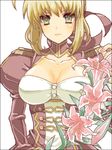  ahoge blonde_hair breasts cleavage dress epaulettes fate/extra fate_(series) flower hair_ribbon large_breasts lily_(flower) nero_claudius_(fate) nero_claudius_(fate)_(all) ribbon solo tegaki warai 