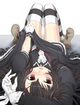  arm_up black_hair black_legwear blush drifters easy_(drifters) gloves highres long_hair lying on_back open_mouth red_eyes sakuraebi_chima solo thighhighs upside-down 