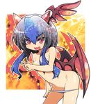  alternate_wings bat_wings blue_hair blue_panties breast_hold breasts covering fang head_wings horns leaning_forward long_hair open_mouth panties panty_pull red_eyes red_wings short_hair sidelocks single_head_wing small_breasts solo striped striped_panties tokiko_(touhou) tom_(drpow) topless touhou underwear underwear_only v wings 