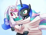  &hearts; &lt;3 blue_eyes blue_hair blush bride clothing couple crown cute dress duo equine female flower friendship_is_magic green_eyes groom hair horn horse husband long_hair mammal married multi-colored_hair my_little_pony negativefox open_mouth pony princess princess_celestia_(mlp) princess_luna_(mlp) purple_eyes royalty smile tongue tuxedo winged_unicorn wings 