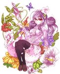  bug butterfly flower hair_flower hair_ornament hat highres himuro_(dobu_no_hotori) insect original petals purple_hair red_eyes sitting solo striped thighhighs 