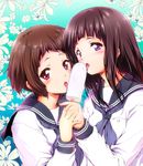  black_hair blush brown_hair chitanda_eru floral_background flower food hyouka ibara_mayaka kashi licking multiple_girls popsicle purple_eyes school_uniform serafuku sexually_suggestive short_hair tongue 