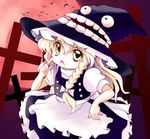  :o blonde_hair chapeauji cross dororon_enma-kun fang full_moon hat highres kirisame_marisa long_hair looking_at_viewer moon open_mouth red_moon solo touhou witch_hat yume_shokunin 