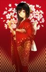  bad_id bad_pixiv_id black_hair blush candy_apple cherry_blossoms floral_print food japanese_clothes kimono light_smile long_hair looking_at_viewer mole mole_under_eye obi original phantania red red_background red_eyes sash smile solo standing unmoving_pattern yagasuri 