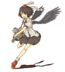  :d bag black_hair bunbunmaru dress_shirt feathered_wings geta hat kawashina_(momen_silicon) looking_at_viewer newspaper open_mouth pom_pom_(clothes) red_eyes shameimaru_aya shirt simple_background skirt smile solo tokin_hat touhou white_background wings 