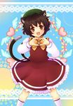  animal_ears bad_id bad_pixiv_id bow brown_hair cat_ears cat_tail chen dress eyeball heart heart_hands highres jewelry kneehighs multiple_tails open_mouth red_eyes sasara_housara short_hair single_earring solo tail touhou 