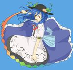  blue_background blue_hair dress food fruit hat hinanawi_tenshi holding kawashina_(momen_silicon) long_hair open_mouth peach red_eyes simple_background solo sword sword_of_hisou touhou weapon 