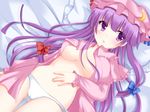 breasts cleavage crescent hat highres long_hair lying mameyarou medium_breasts navel no_bra no_pants on_back open_clothes open_mouth panties patchouli_knowledge pillow purple_eyes purple_hair solo touhou underwear very_long_hair white_panties 