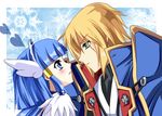  1girl aoki_reika aqua_eyes bad_id bad_pixiv_id blazblue blonde_hair blue_background blue_eyes blue_hair blush coat couple crossover cure_beauty eien_no_kurayami eye_contact hair_tubes head_wings heart hetero jin_kisaragi long_hair looking_at_another military military_uniform power_connection precure sidelocks smile smile_precure! tiara uniform 