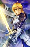  ahoge armor armored_dress arnoul artoria_pendragon_(all) bad_id bad_pixiv_id blonde_hair dress excalibur fate/zero fate_(series) gauntlets glowing glowing_weapon green_eyes hair_ribbon ribbon saber smile solo sword weapon 