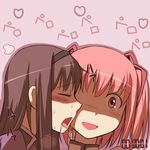  akemi_homura black_hair breath closed_eyes hair_ribbon hairband kaname_madoka mahou_shoujo_madoka_magica multiple_girls nns_(sobchan) open_mouth pink_eyes pink_hair profile ribbon saliva short_hair sweat time_stop timestamp translated yuri 