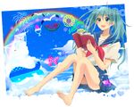  :d aqua_eyes aqua_hair barefoot book fish flower food fruit hair_ornament hairclip hatsune_miku heart holding holding_book letter long_hair love_letter musical_note open_book open_mouth pocky1202 school_uniform serafuku skirt smile solo sunflower twintails vocaloid watermelon whale 