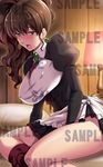  alternate_costume bed blush breasts brown_eyes brown_hair enmaided jpeg_artifacts large_breasts legs long_hair looking_at_viewer maid mature open_mouth ponytail sample sitting solo umineko_no_naku_koro_ni ushiromiya_natsuhi 