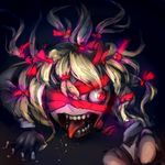  blonde_hair crawling crazy_eyes ebizome eyepatch hair_ribbon horror_(theme) open_mouth outstretched_hand red_eyes ribbon rumia saliva solo teeth tongue touhou 