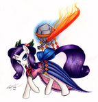  cosplay crossover fire flame food fruit hat hinanawi_tenshi hinanawi_tenshi_(cosplay) lavos_vs_bahamut my_little_pony my_little_pony_friendship_is_magic no_humans parody peach rarity sword_of_hisou tail tom_(my_little_pony) touhou traditional_media 