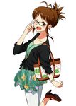  ;d akizuki_ritsuko bag blush brown_eyes brown_hair dress folded_ponytail glasses handbag idolmaster idolmaster_(classic) leg_up mohya one_eye_closed open_mouth smile solo 