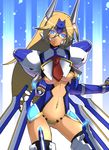  armor blazblue blonde_hair blue_background blue_eyes breasts crotch_plate gloves kageaki long_hair medium_breasts mu-12 pauldrons revealing_clothes smile solo thighhighs underboob 