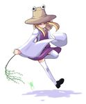  akase_rai blonde_hair closed_eyes dress frog hat holding moriya_suwako simple_background solo thighhighs touhou white_background 