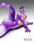  amber_eyes big_breasts big_butt bracelet breasts butt dinosaur female fossil jewelry legwear lips looking_at_viewer lying nipples nude purple purple_scales reptile scalie smile solo stockings tattoo teeth thighs tyra_reckks tyrannosaurus_rex wide_hips 