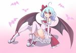  adapted_costume ahoge ascot bare_shoulders bat_wings blue_hair boots bow brooch cicin earrings gradient_hair hair_bow jewelry multicolored_hair panties pink_legwear remilia_scarlet short_hair sitting solo thighhighs touhou underwear white_panties wings 