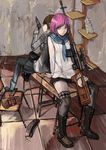  back-to-back bad_id bad_pixiv_id boots cat danann dragunov_svd gun highres magazine_(weapon) multiple_girls original pink_hair rifle sitting skirt sniper_rifle thighhighs weapon 