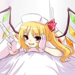  bad_id bad_pixiv_id blonde_hair blush cosplay fang flandre_scarlet girl_on_top gloves hair_ribbon hat head_rest highres hikataso nurse nurse_cap open_mouth pov red_eyes ribbon short_hair side_ponytail sketch smile solo spread_legs syringe thighhighs touhou white_gloves white_legwear wings 