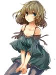  bare_shoulders blonde_hair breasts fringe_trim green_eyes idolmaster idolmaster_cinderella_girls looking_at_viewer medium_breasts mole mole_under_eye pantyhose short_hair solo takagaki_kaede ukyo_rst 