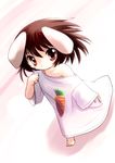  animal_ears bare_shoulders barefoot brown_hair bunny_ears carrot chibi highres inaba_tewi looking_at_viewer off_shoulder oversized_clothes shirt short_hair solo t-shirt touhou younger yume_shokunin 