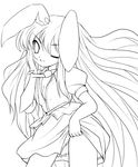  absurdres animal_ears breasts bunny_ears cleavage greyscale highres lineart long_hair looking_at_viewer monochrome necktie no_bra one_eye_closed open_clothes open_shirt reisen_udongein_inaba shirt skirt skirt_lift small_breasts smile solo touhou transparent_background very_long_hair yume_shokunin 