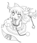  absurdres bow chain food greyscale hair_bow highres horns ibuki_suika lineart long_hair looking_at_viewer monochrome open_mouth sitting skewer solo touhou transparent_background yume_shokunin 