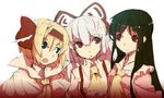  alice_margatroid ascot black_hair blonde_hair blue_eyes capelet fujiwara_no_mokou fuurin_(omaemona) grey_hair hair_ribbon houraisan_kaguya long_hair multiple_girls open_mouth red_eyes ribbon short_hair sketch smile suspenders touhou upper_body 