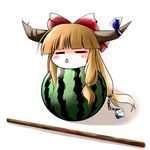  :&lt; =_= blush bow brown_hair food fruit hair_bow horns ibuki_suika long_hair object_namesake simple_background solo suikawari touhou watermelon white_background yume_shokunin 