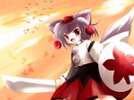 animal_ears hat highres inubashiri_momiji looking_at_viewer open_mouth red_eyes shield short_hair silver_hair smile solo sunset sword tail tokin_hat touhou weapon wolf_ears wolf_tail yume_shokunin 