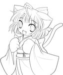  absurdres animal_ears bow cat_ears cat_tail greyscale hair_bow highres japanese_clothes kimono lineart monochrome open_mouth original paws smile solo tail transparent_background yume_shokunin 